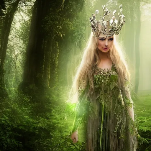 Prompt: heavenly beautiful elven queen with a leaf crown, hints of silver jewelry, overgrown, full body, forest background, elegant, intricate detail, dramatic lighting, mist, green aura,