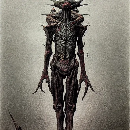 Image similar to goblin concept art, full body, beksinski