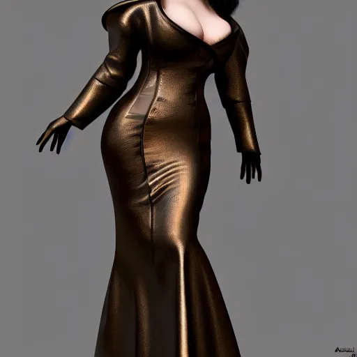 Image similar to curvy feminine hot goth cutie with sublime modest elegant patterned bronze-black snakeskin leather neck-high gown, cgsociety, photorealistic, comfy ambience, idealistic, 16k, smooth, sharp focus, trending on ArtStation, volumetric lighting, fully clothed, worksafe