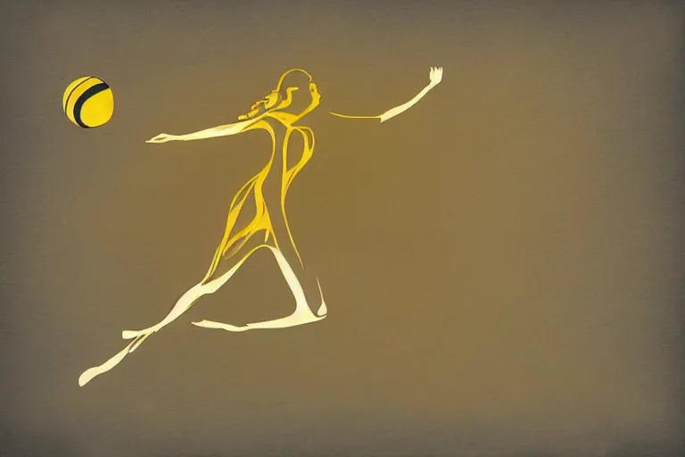 Image similar to beautiful serene volleyball player, healing through motion, life, minimalistic golden and ink airbrush painting on white background