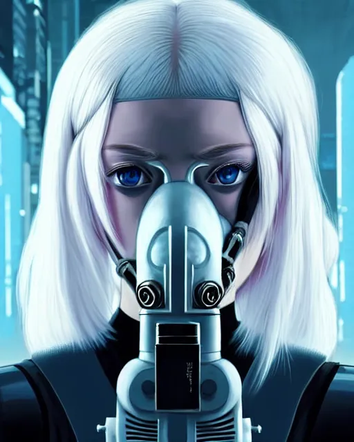 Image similar to white haired cyborg sophie turner wears gas mask octopus chimera, fine detail!! anime!! realistic shaded lighting!! poster by ilya kuvshinov katsuhiro otomo ghost in the shell, rutkowski giger villeneuve artgerm garmash and rob rey