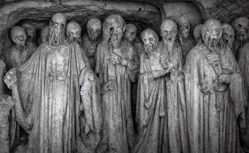 Prompt: several decrepit creepy statues of the archangel gabriel smirking at the camera, placed throughout a dark claustrophobic old catacomb, realistic, underexposed photography, bad camera footage, wide shot, sinister, dark, foreboding, grainy photo