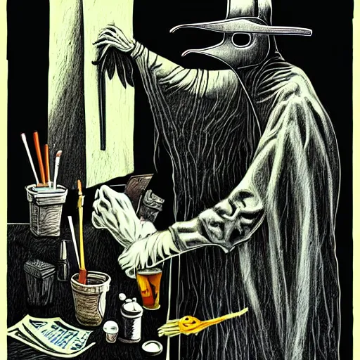 Image similar to graphic illustration, creative design, the plague doctor, biopunk, francis bacon, highly detailed, hunter s thompson, concept art