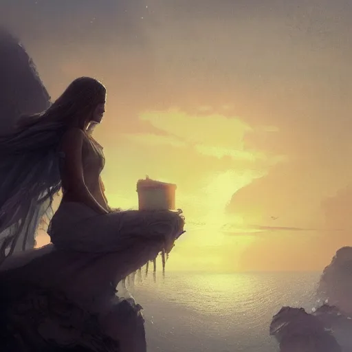 Image similar to a figure gazes upon a beautiful and ethereal sunset by greg rutkowski