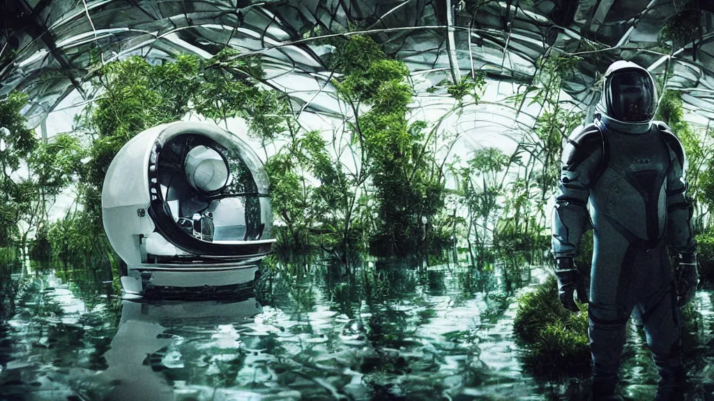 Prompt: Futuristic astronaut in an empty dark flooded ballroom overgrown with aquatic plants, film still from the movie directed by Denis Villeneuve with art direction by Salvador Dalí, wide lens