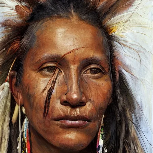 Prompt: high quality high detail painting by jenny saville, hd, a skinny beautiful indigenous woman tribe leader, hair in wind, many pretty feathers, muted colors, cream color, photorealistic lighting