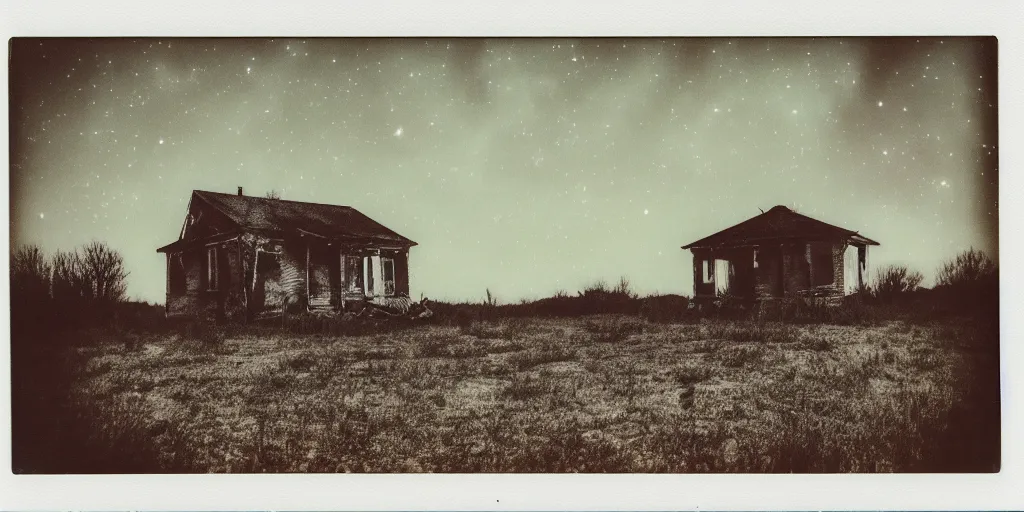 Image similar to polaroid photo of an abandoned house on a wasteland, deep purple starry sky, slight color bleed, grain