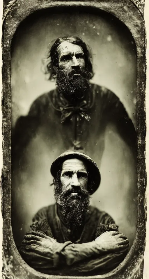 Prompt: a highly detailed wet plate photograph, a portrait of an alchemist