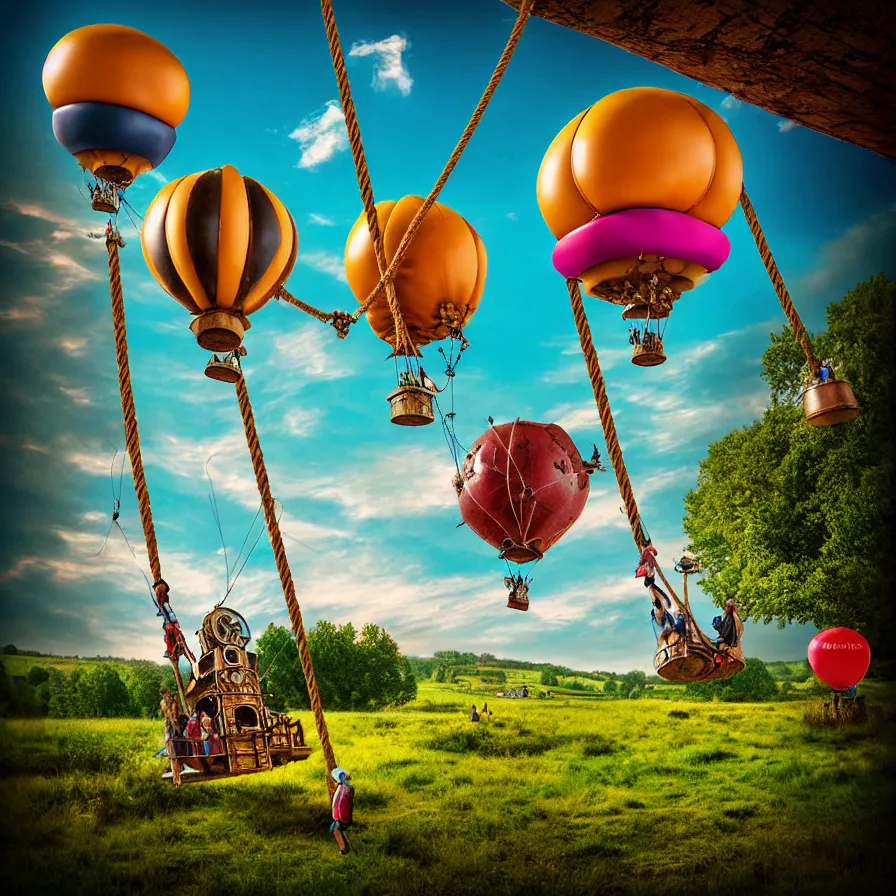 Image similar to large colorful steampunk balloons with people on rope swings underneath, flying high over the beautiful countryside landscape, professional photography, 8 0 mm telephoto lens, realistic, detailed, digital art, unreal engine