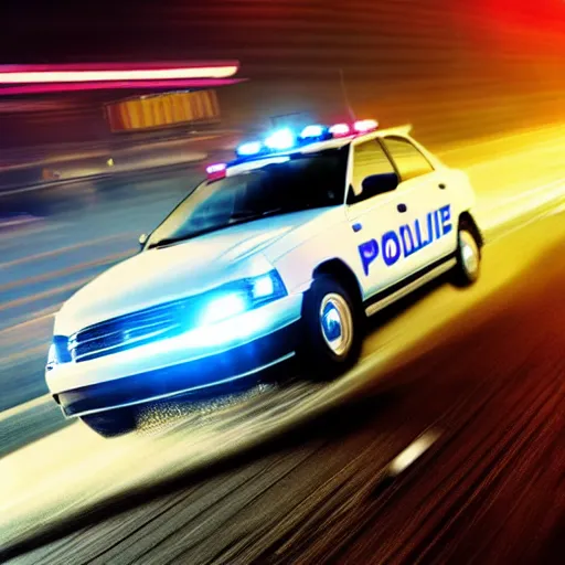 Image similar to police car driving, fast, police lights, 9 0 s action shot, car chase, ultra - realistic, color photography, zoom lens, speed blur