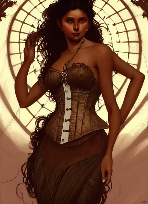 Image similar to cute brown woman wearing a transparent corset dress, fantasy, intricate, highly detailed, digital painting, artstation, concept art, wallpaper, smooth, sharp focus, illustration, art by artgerm and greg rutkowski and alphonse mucha