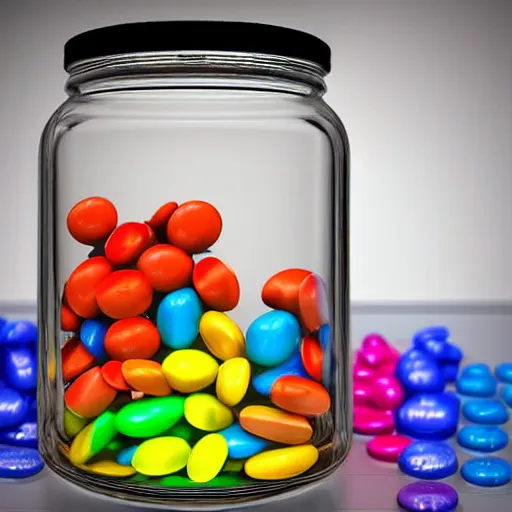 Prompt: rainbow captured and put in a glass jar of water. the jar sits on a laboratory shelf next to some skittles. oak ridge national laboratory. 7 0 mm. digital art. photorealistic. hyper detailed. dramatic lighting.