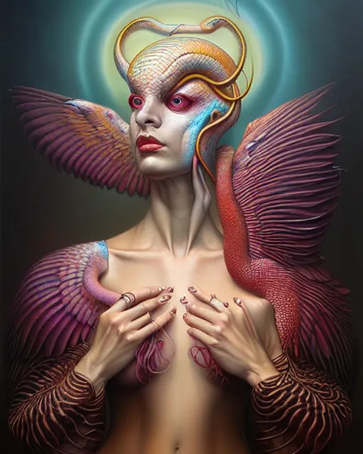 Image similar to a detailed portrait of dreampunk flamingo python hybrid mix goddess by tomasz alen kopera and peter mohrbacher