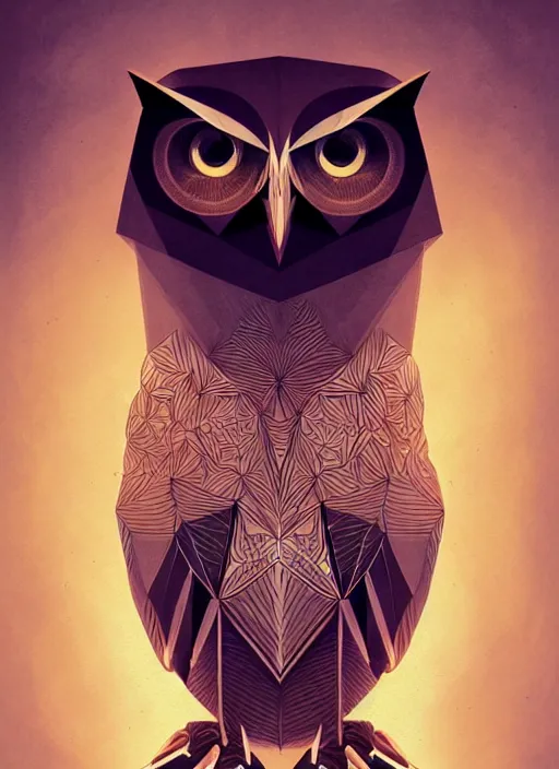 Image similar to portrait of a geometric owl, identical eyes, medium shot, illustration, full body made of white feathers, symmetrical, art stand, super detailed, cinematic lighting, and its detailed and intricate, gorgeous, by peter mohrbacher