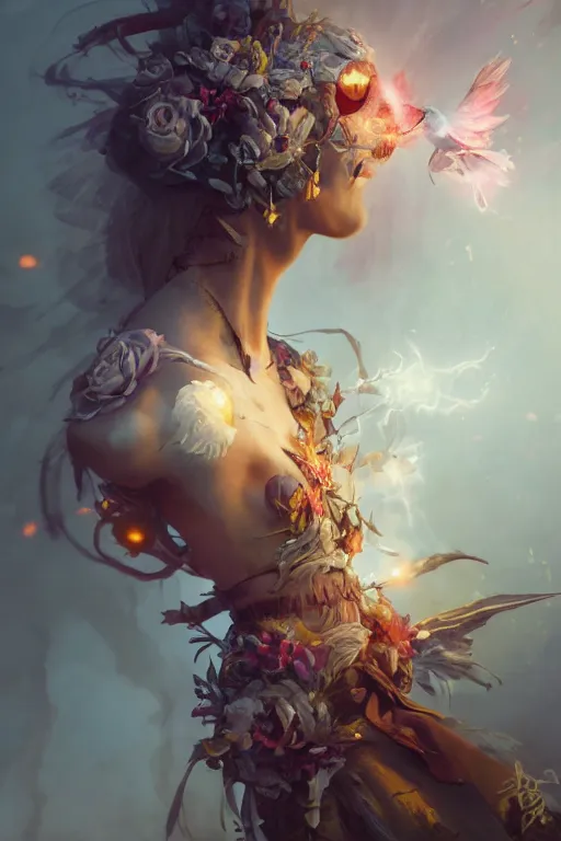 Image similar to beautiful girl necromancer, witch - doctor exploding into flowers, angels, 3 d render, hyper - realistic detailed portrait, holding electricity and birds, ruan jia, wlop. scifi, fantasy, hyper detailed, octane render, concept art, peter mohrbacher