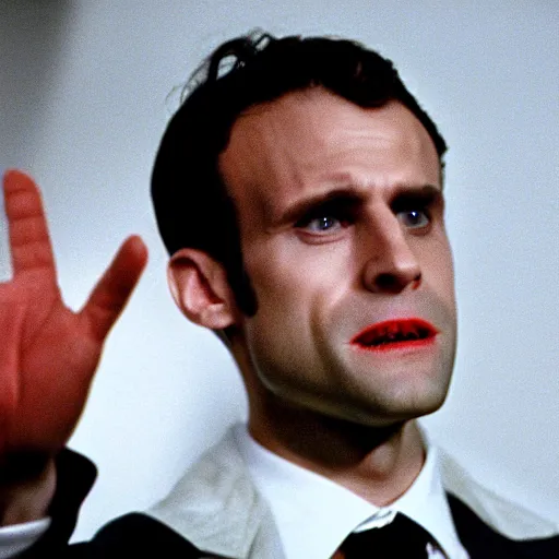 Prompt: vampire Emmanuel Macron in American Psycho (1999)