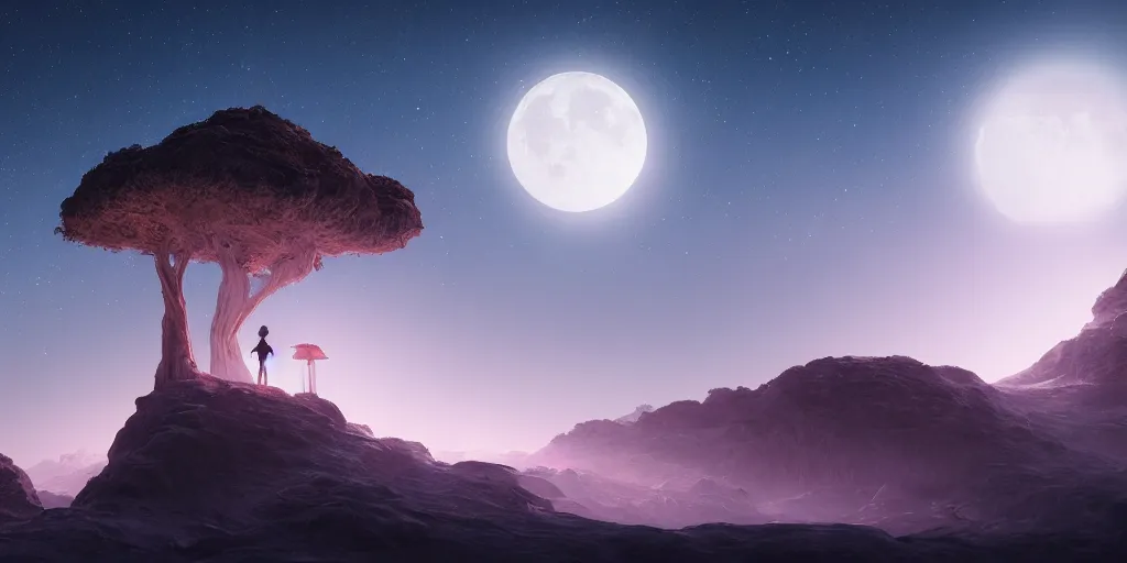 Image similar to dreamy moonlit landscape of a socotra island, realistic detailed digital art by Maxwell Boas Jessica Rossier Christian Dimitrov Anton Fadeev trending on Artstation CGSociety rendered in Unreal Engine 4k HQ