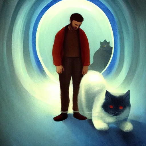 Image similar to cool illustration of a sad man and a white fluffy cat in a dark underwater tunnel, orange and blue lighting, high detail, rust, in the style of Sergeant and Bouguereau, tragic, red trees, trending on artstation, masterpiece