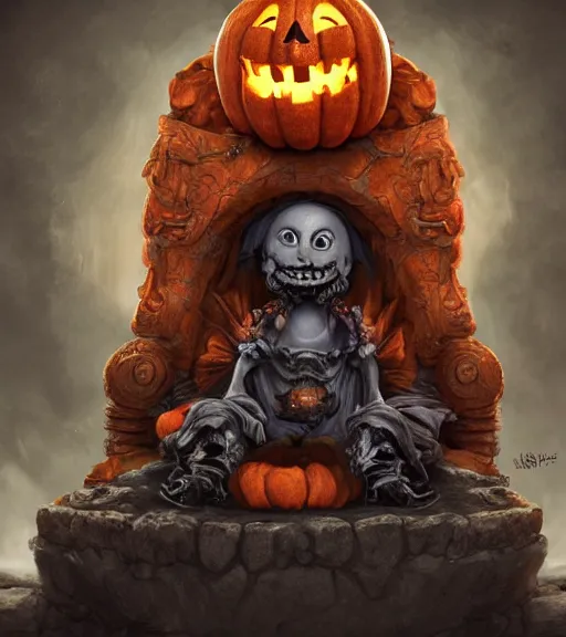 Prompt: a creative monster with a pumpkin head wearing a king's robe, sitting on a stone throne, john loren and tim burton illustration, creepy carved expression, darksiders theme, orange mystery lighting, 4 k artstation, masterpiece