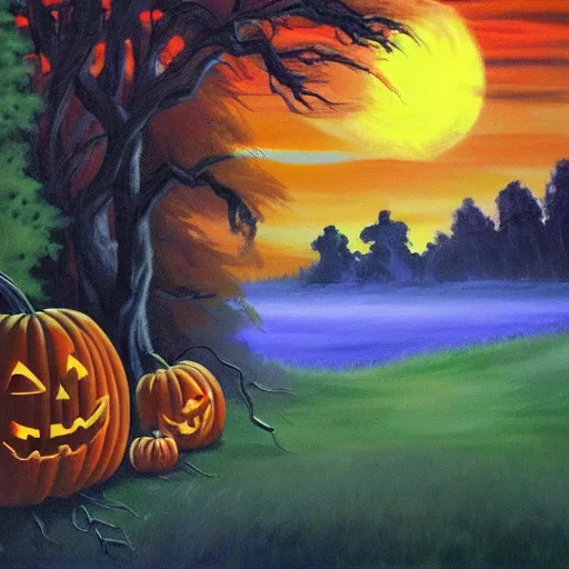 Prompt: halloween scene painted by bob ross