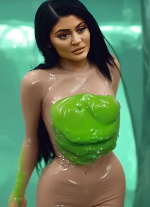 Prompt: film still of kylie Jenner stuck in Alien slime, an alien holding her waist, fear expression