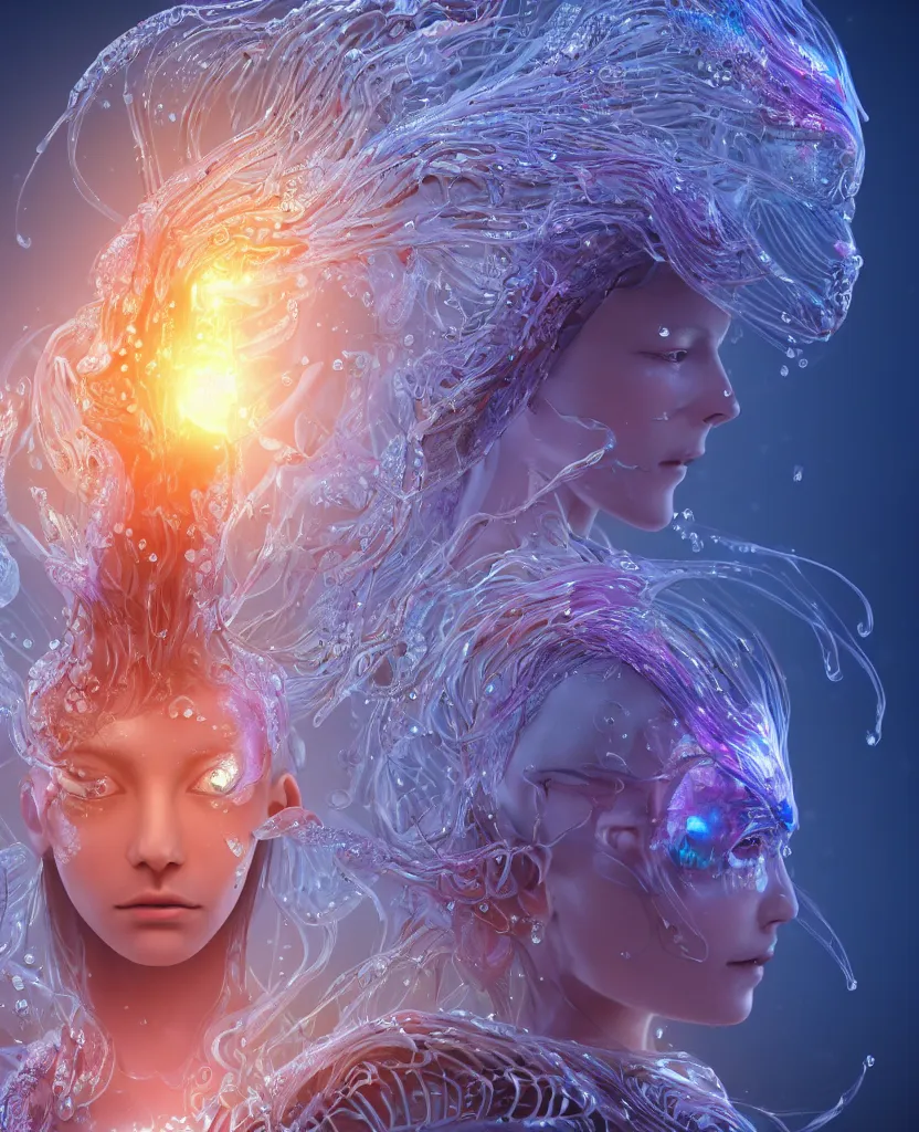 Image similar to close-up macro portrait of the face of a beautiful princess, epic angle and pose, symmetrical artwork, 3d with depth of field, blurred background, cybernetic jellyfish female face skull phoenix bird, translucent, nautilus, energy flows of water and fire. a highly detailed epic cinematic concept art CG render. made in Maya, Blender and Photoshop, octane render, excellent composition, cinematic dystopian brutalist atmosphere, dynamic dramatic cinematic lighting, aesthetic, very inspirational, arthouse. y Greg Rutkowski, Ilya Kuvshinov, WLOP, Stanley Artgerm Lau, Ruan Jia and Fenghua Zhong