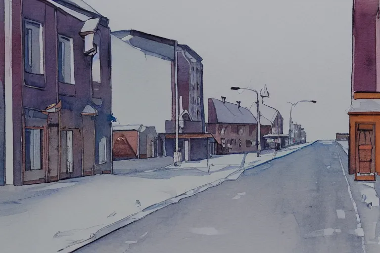 Image similar to a water color painting of a desolate lulea street by lars lerin