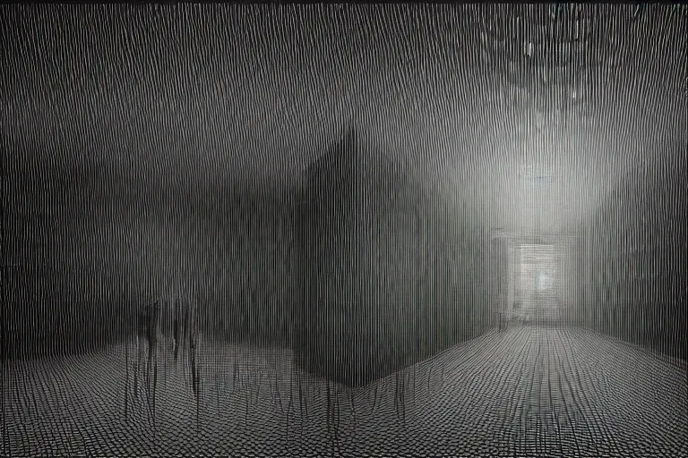 Image similar to horror movie scene in an extremely dark infinite never ending office, dark deep black shadows, in the style of trevor henderson and james ensor goya, liminal space, 3 d render, glitch effect