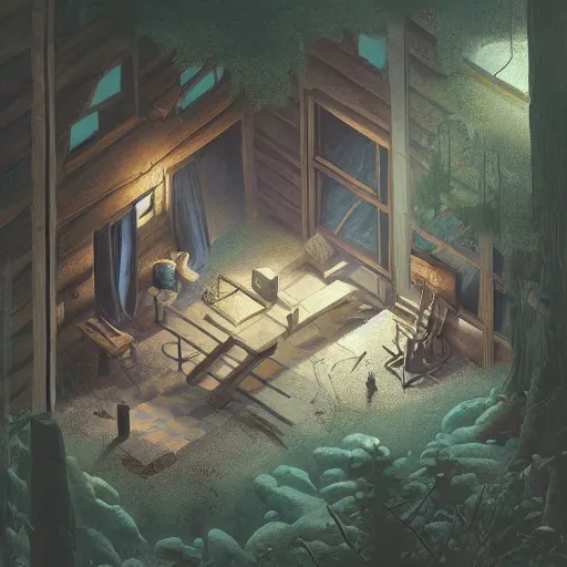 Image similar to concept art of an inside of a cabin in the woods, isometric view, detailed, volumetric lighting, style of greg rutkowski