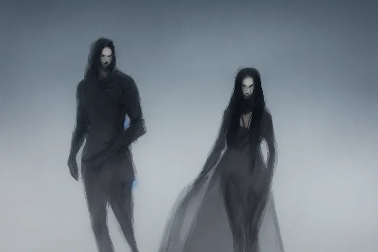 Image similar to a shadowy man and a beautiful pale woman with long black hair walk across the desert with mist in the background, extremely detailed, concept art, trending on artstation,