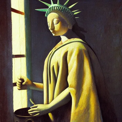Prompt: detailed portrait of the statue of liberty drinking tea, oil painting, warm lighting, high resolution, johannes vermeer