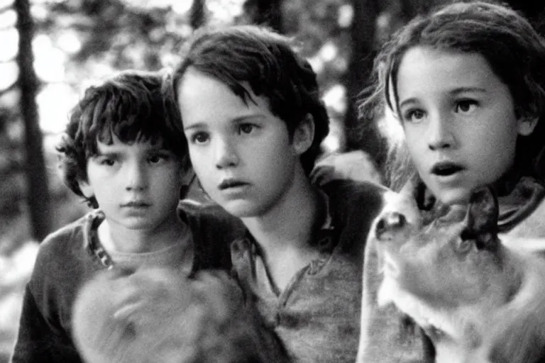 Image similar to frame from Raised by Wolves, black and white cinematic 35mm Steven Spielberg