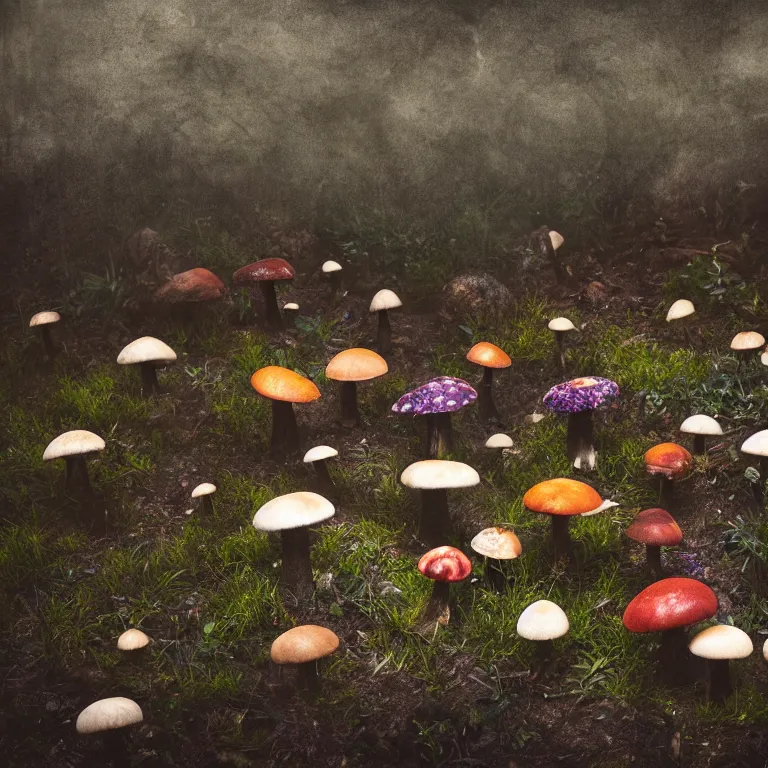 Image similar to a planet of various fungus like trees, mushrooms, flowers and plants, artistic photography, muted colors, conceptual, long exposure outside the city, volumetric light