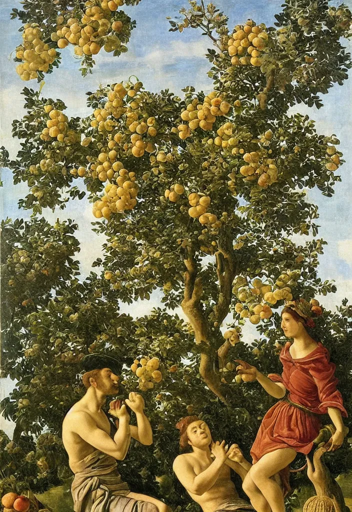 Image similar to men and women, portrait, garden with fruits on trees, ultra detailed, Orazio Gentileschi style, Lucien Lévy-Dhurmer style