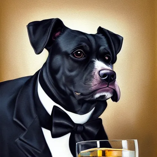 Image similar to a beautiful illustration painting of a dog in a tuxedo drinking whiskey by rutkowski featured on artstation, studio lighting, photorealistic digital art