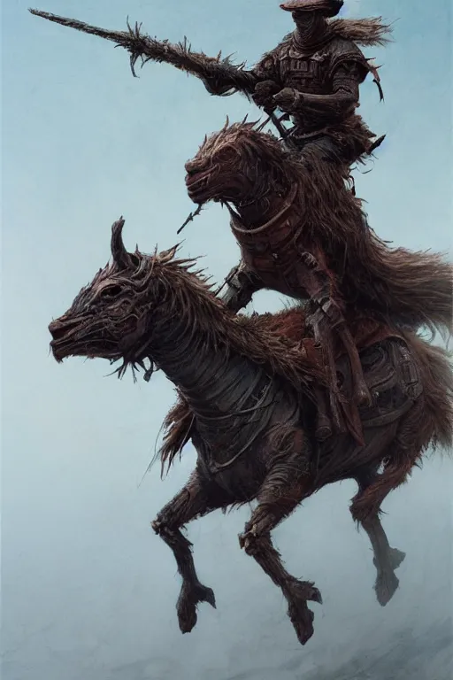 Image similar to Knight of the apocalypse riding a funny lama in a hat, dark fantasy, intricate, highly detailed, smooth, artstation, painted by Wayne Barlowe, Greg Rutkowski, zdislav beksinski, Francis Bacon