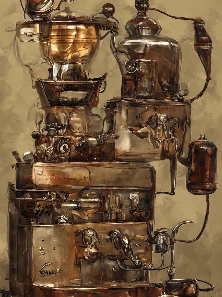 Image similar to ancient coffee machine, by Simon Stalenhaag, by Yoshita Amano, by Esao Andrews, sharp focus, fresh colors, conceptart, trending on artstation