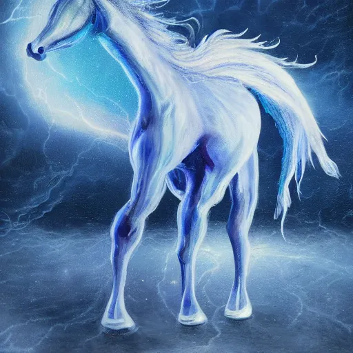 Prompt: blue unicorn with one horn, its skin is recovered by electrical discharges, it's running between a storm, the floor is a very big field of black rock, high - quality, realistic, there is space around the figure