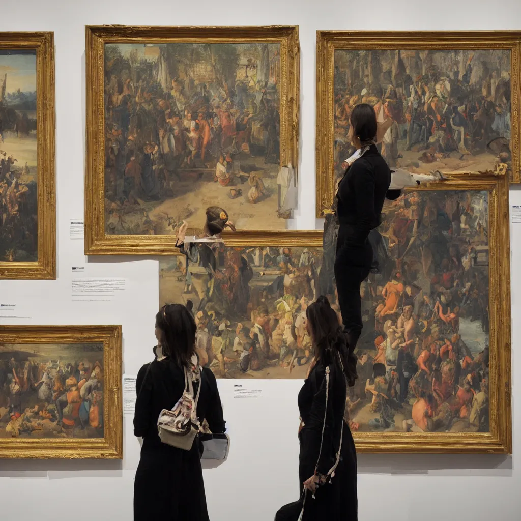 Image similar to an art lover at an exhibition looking at the most famous painting in the world