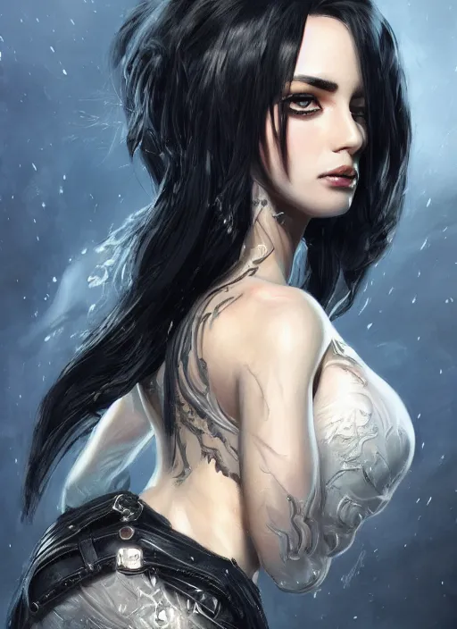 Image similar to a black haired woman in a leather jacket, muscular upper body, abs, d & d, fantasy, intricate, elegant, highly detailed, digital painting, artstation, concept art, smooth, sharp focus, illustration, art by anna dittmann