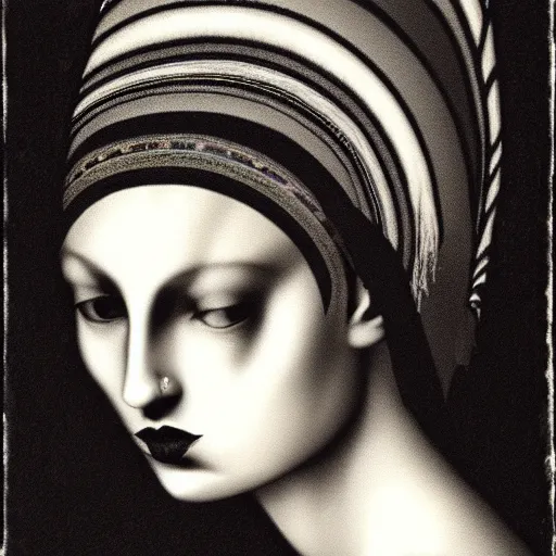 Image similar to a print of a woman's head with a headdress, dark vibe, esoteric, monochrome,