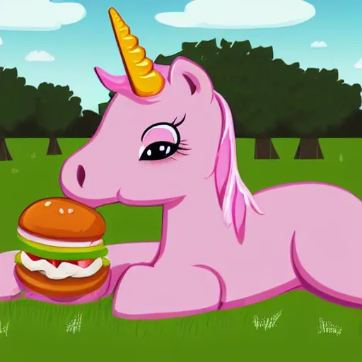 Image similar to a pretty pink unicorn character eating a little hamburger on the ground in a field | digital art | cell shading | very high quality | very detailed | totally awesome | very cute | horselike | eating a little hamburger | very beautiful