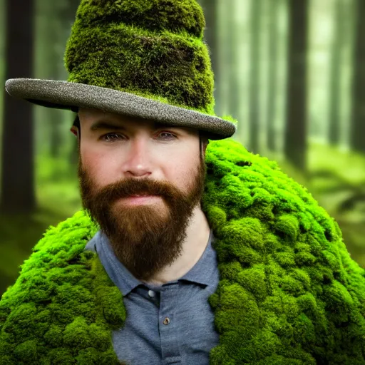 Image similar to portrait of a man with hat made of moss, 4k, full shot, high details, natural light, Forrest in background