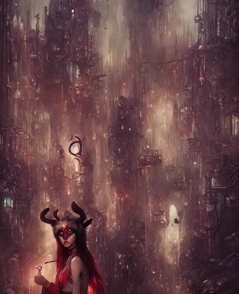 Image similar to hyper realistic Princess Mononoke, spooky mask, busy cyberpunk metropolis, city landscape, jewels, style of tom bagshaw, mucha, james gurney, norman rockwell, denoised, sharp