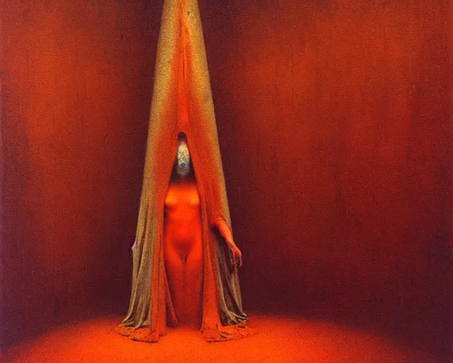 Image similar to by francis bacon, beksinski, mystical redscale photography evocative. devotion to the scarlet woman, priestess in a conical hat, coronation, ritual, sacrament