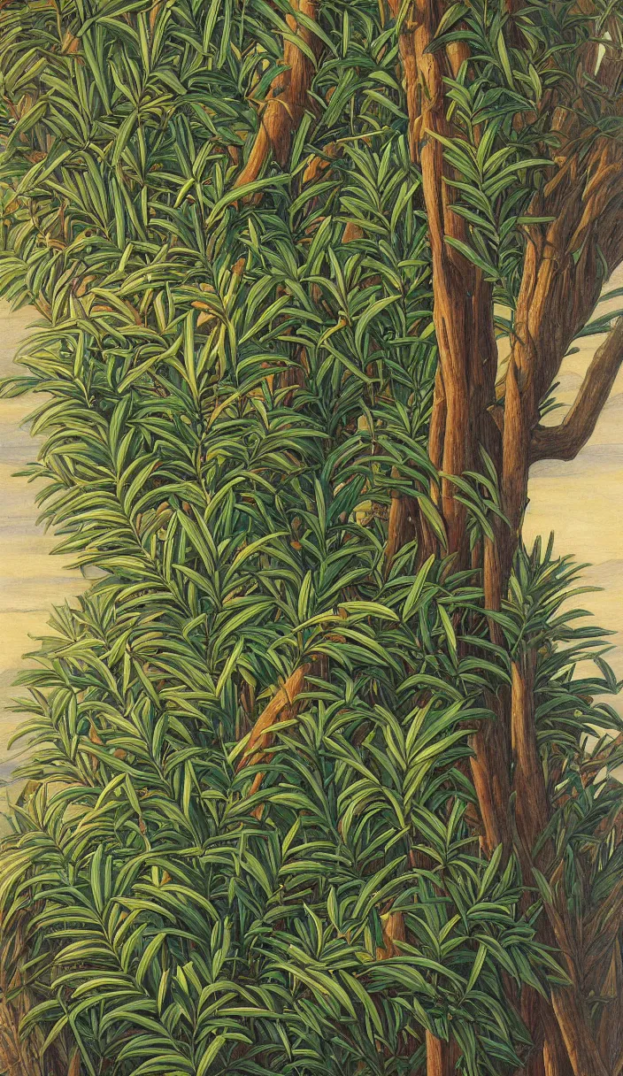 Prompt: cozy tree stem, close up, detailed by marianne north by moebius