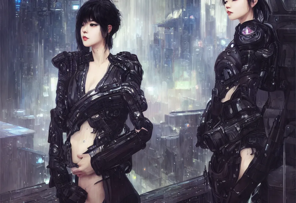 Image similar to portrait dilireba + black hair of futuristic female police, black armored uniform, at rooftop futuristic colorpunk tokyo rainy night, ssci - fi and fantasy, intricate and very very very beautiful, highly detailed, digital painting, artstation, concept art, smooth and sharp focus, illustration, art by tian zi and wlop and alphonse mucha