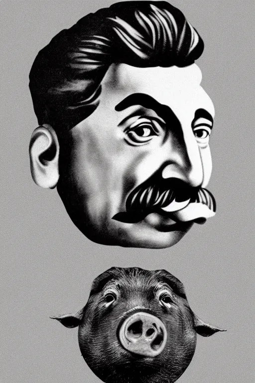 Image similar to portrait of joseph stalin, face replaced by a pig's head photo in color