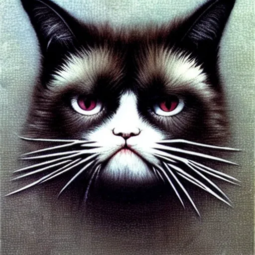 Image similar to cute chthonic fluffy grumpy cat by Ayami Kojima, Beksinski, Giger