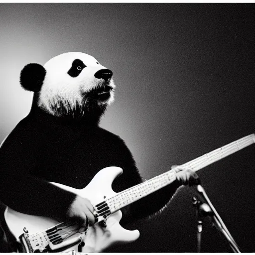 Image similar to concert photography of a panda bear singer, black and white, flashpoint flash, leica s, bruce gilden